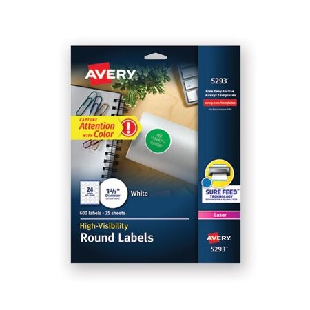 Avery Dennison Avery, PERMANENT LASER PRINT-TO-THE-EDGE ID LABELS W/SUREFEED, 1 2/3inDIA, WHITE, 600PK 5293